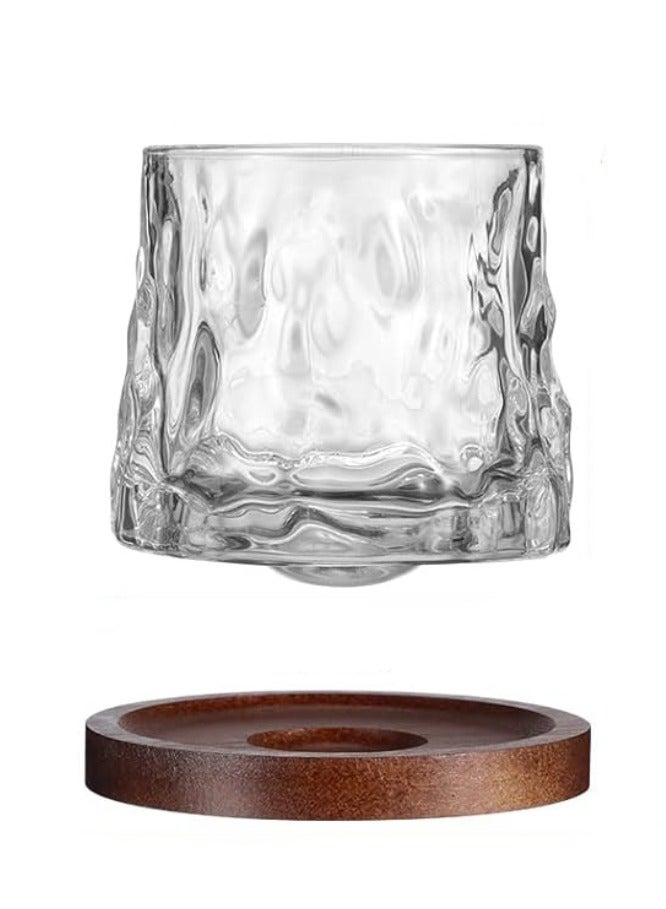 Rotatable Tumbler Crystal Glass Cups,160ML Drinking Glasses with Creative Walnut Coasters