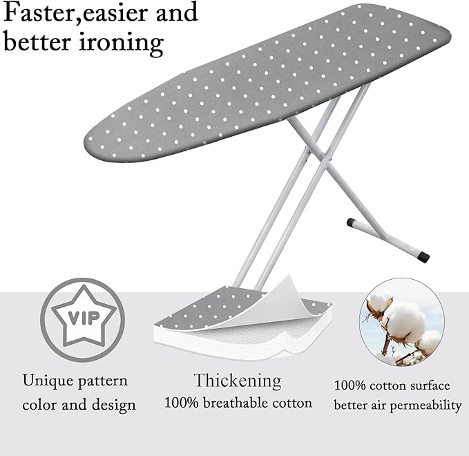 Extra Large Ironing Board Cover | 100% Cotton Top with Thick Padding | Scorch & Heat Resistant | Easy Fit Drawstring Design (Gray Dot, XXL)
