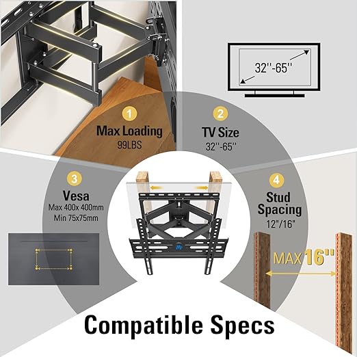 Full Motion TV Wall Mount for 32–65 Inch TVs | Swivel, Tilt & Extend Dual Arm TV Bracket | Heavy Duty Articulating Wall Mount for LED, LCD, 4K & Smart TVs