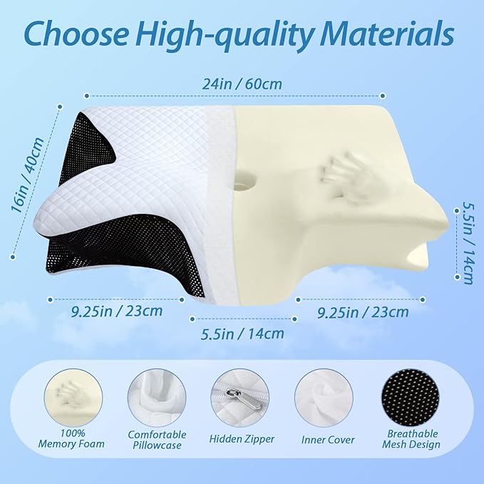 Cervical Memory Foam Pillow – Contoured Neck Support with Adjustable Height | Cooling Tencel Cover for Side