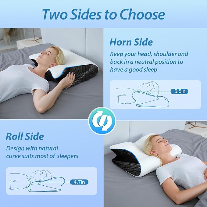 Cervical Memory Foam Pillow – Contoured Neck Support with Adjustable Height | Cooling Tencel Cover for Side
