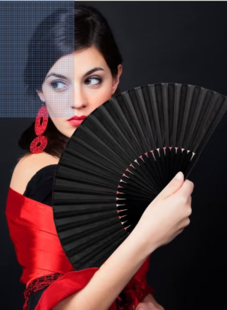 2 Pieces Folding Hand Fan, Black Silk Fabric Bamboo Ribs Hand Held, Chinese Japanese Vintage Silk Fans Fan for Wedding, Dancing, Church, Party, Gift Gift, DIY Creating