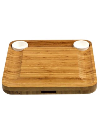 Premium Bamboo Cheese Board With Cutlery Server Set Serving Platter Tray With 2 Fork Spoon & 2 Slate Labels & 2 Chalk Markers & 1Bottle Opener.With Hidden Drawer Comes with 4 Stainless Steel Knives