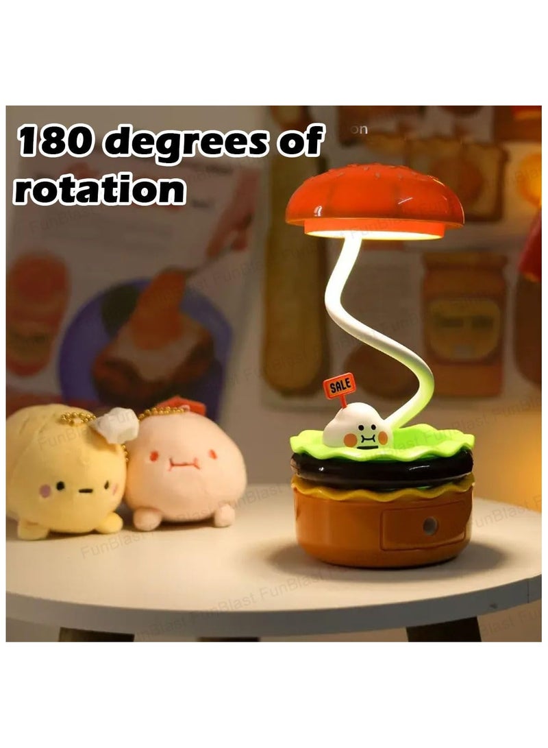 "Burger Design Table Lamp - Rechargeable Desk Light with Pen Holder & Sharpener for Kids & Adults, Aqua Green Study Lamp for Home/Office"