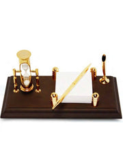 Wood Based Pen Stand with Three Minute Sand Timer and Card Holder Brown And Gold