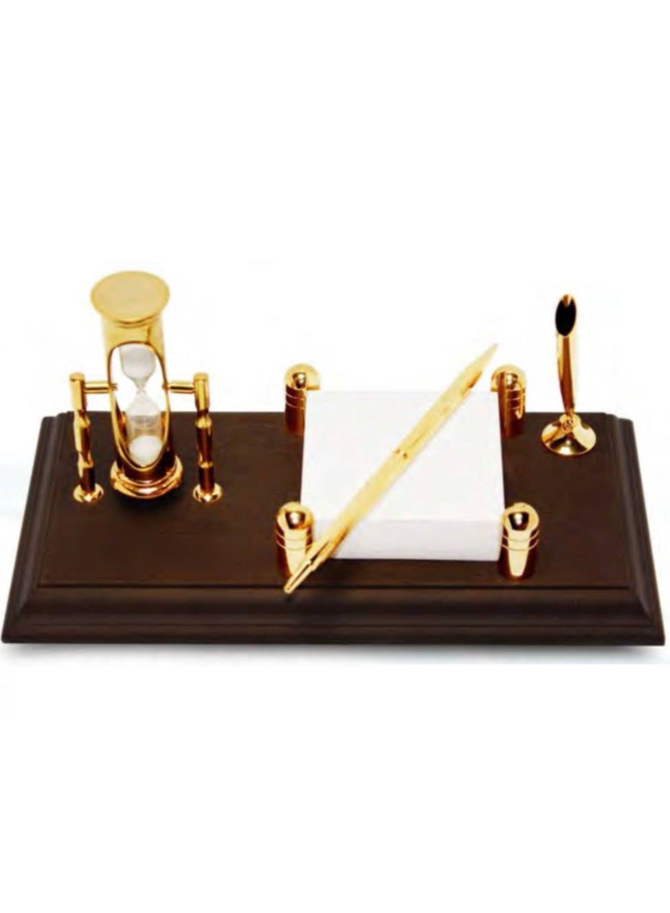 Wood Based Pen Stand with Three Minute Sand Timer and Card Holder Brown And Gold