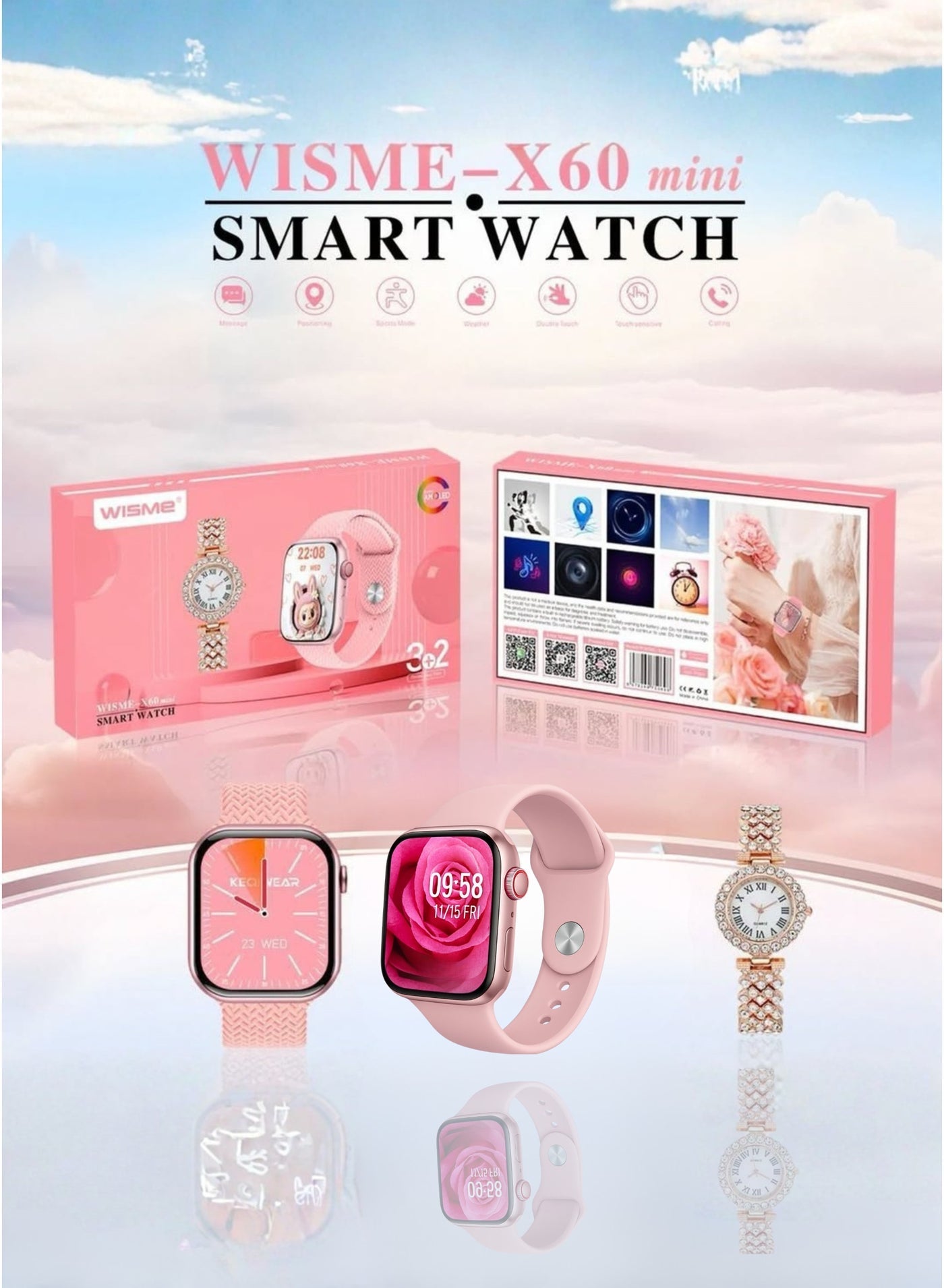Wisme X60 Mini Smart Watch Pink – 3-Step Smart Health Tracking, AMOLED Display