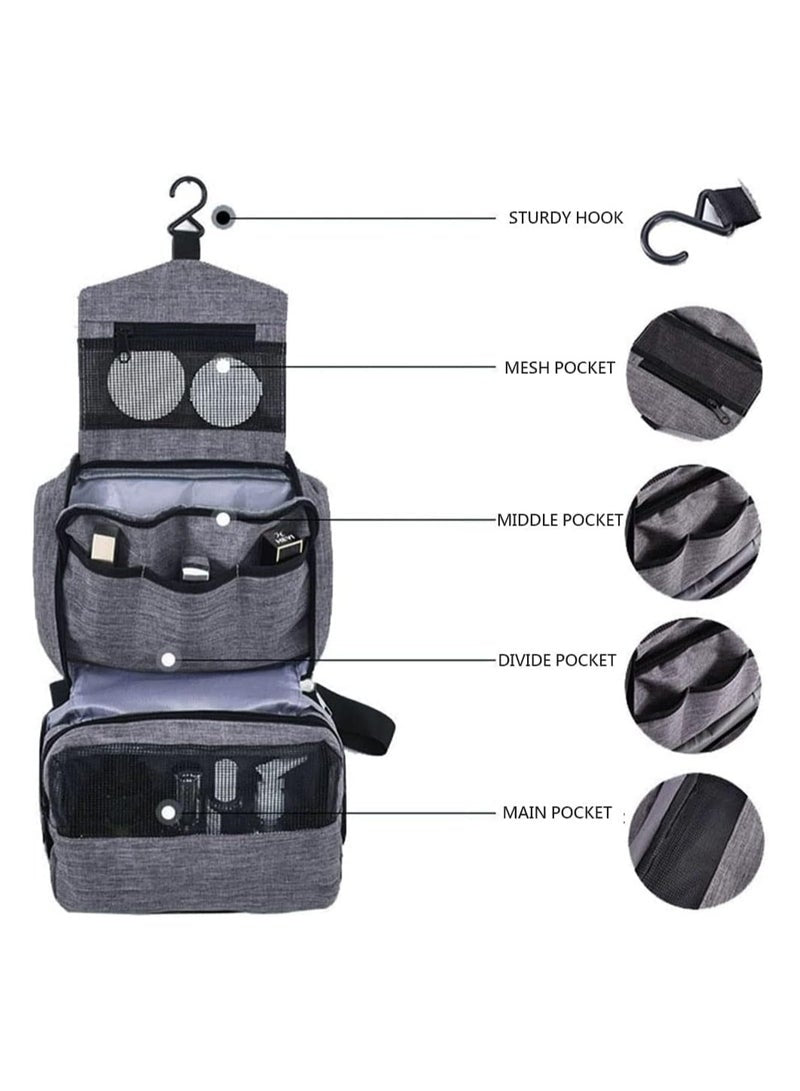 Toiletry Bag with Hanging Hook for Men & Women, Large Makeup Organizer, Travel Cosmetic Case for Toiletries, Full-Sized Bottles, Accessories (Grey)