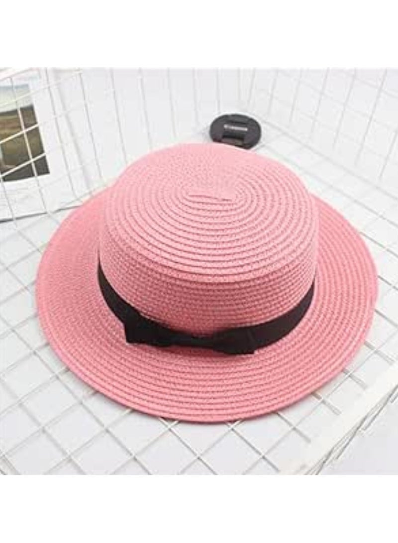 Straw Sun Hat for Women, Girls Cute Summer Beach Cap Foldable Visor Floppy Wide Brim with Bowknot PINK