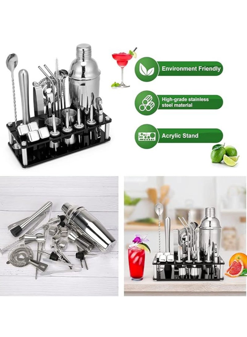 23-Piece Boston Stainless Steel Cocktail Shaker Bartender Kit Silver/Black 750ML 14x10.5x28cm