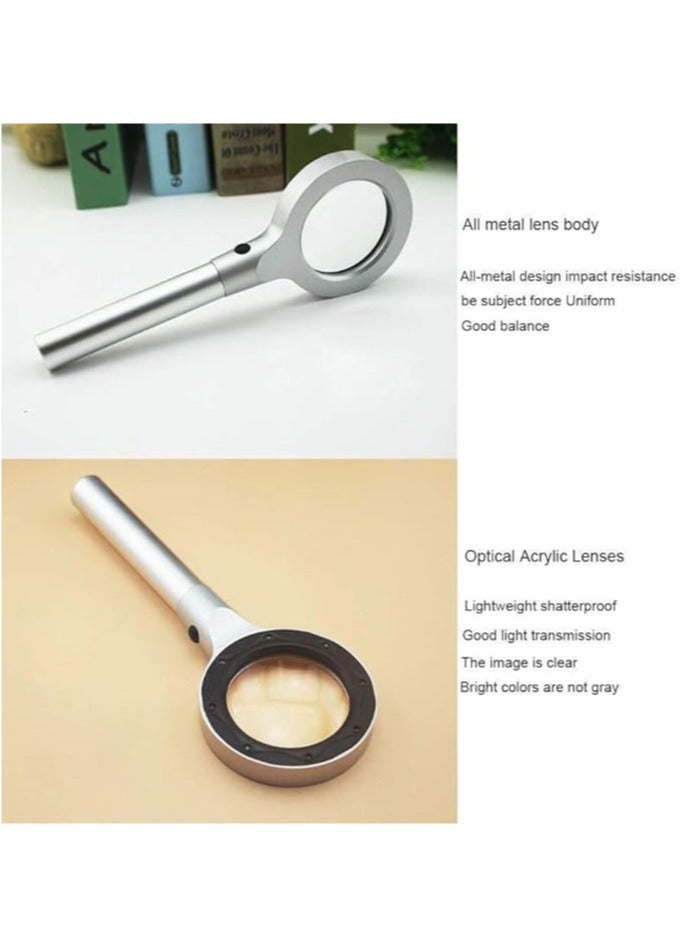 Magnifying Handheld Silver Magnifying Glass, 30X Magnification, With LED Lights, Optical High-definition Lenses, Reading Magnifier, DIY Handicraft Carving And Restoration, Identification of Sentences
