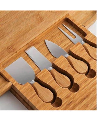Premium Bamboo Cheese Board With Cutlery Server Set Serving Platter Tray With 2 Fork Spoon & 2 Slate Labels & 2 Chalk Markers & 1Bottle Opener.With Hidden Drawer Comes with 4 Stainless Steel Knives