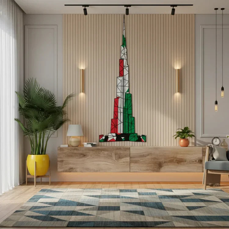 Geometric Burj Khalifa UAE Flag Acrylic Wall Art - Office Decor