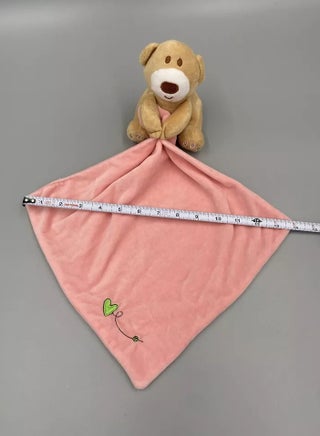 "Vitacelli Tan Teddy Bear Lovey Baby Security Blanket - Soft Pink Velour with Green Heart"