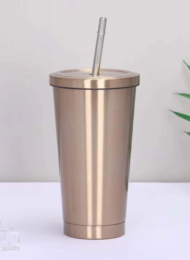 Double Wall Tumbler with Lid and Straw Stainless Steel Insulation Cup Vacuum Thermal Coffee Mug Hot and Cold Travel Mug Leakproof and Car-Friendly Rose Gold 475ML