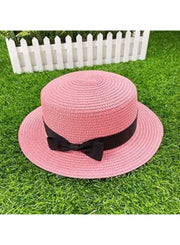 Straw Sun Hat for Women, Girls Cute Summer Beach Cap Foldable Visor Floppy Wide Brim with Bowknot PINK