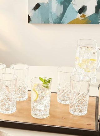 Highball Glasses Set of 2, 250ml Cups, Textured Designer Glassware for Drinking Water, or Soda, Trendy and Elegant Dishware, Dishwasher Safe