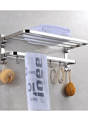 SUS 304 Stainless Steel Perforation-free Bathroom Towel Rack, Bath Towel Rack Bathroom Thickened Bathroom Rack With Towel Rack and Hooks "Foldable Towel Rack ( 60cm x 18cm x 23cm)