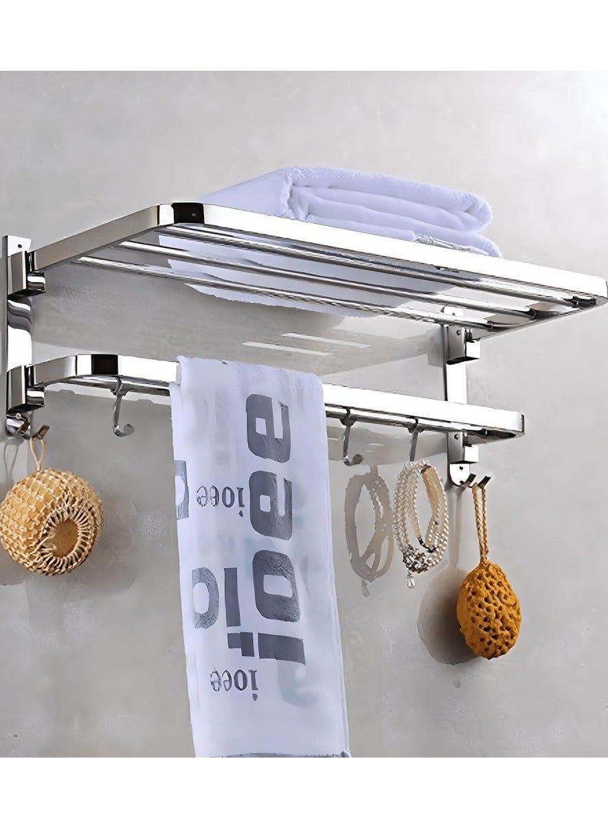 SUS 304 Stainless Steel Perforation-free Bathroom Towel Rack, Bath Towel Rack Bathroom Thickened Bathroom Rack With Towel Rack and Hooks "Foldable Towel Rack ( 60cm x 18cm x 23cm)