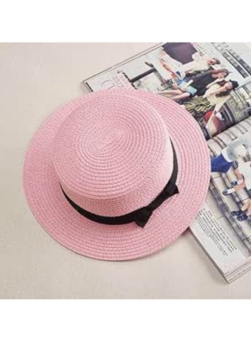 Straw Sun Hat for Women, Girls Cute Summer Beach Cap Foldable Visor Floppy Wide Brim with Bowknot PINK