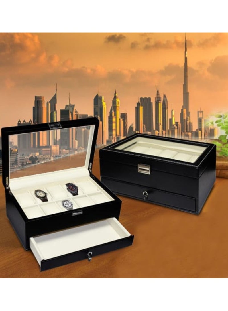 Premium PU Leather Watch Box, Watch Holder, Watch Organizer with Glass Lid, Watch Case with Removable Watch Pillow, Velvet Lining, Metal Clasp, Watch Display (10 Slot) Size: 30x19x13CM