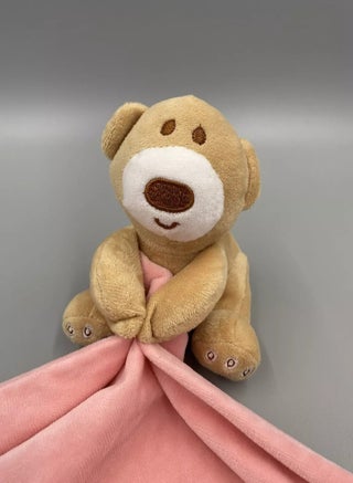 "Vitacelli Tan Teddy Bear Lovey Baby Security Blanket - Soft Pink Velour with Green Heart"