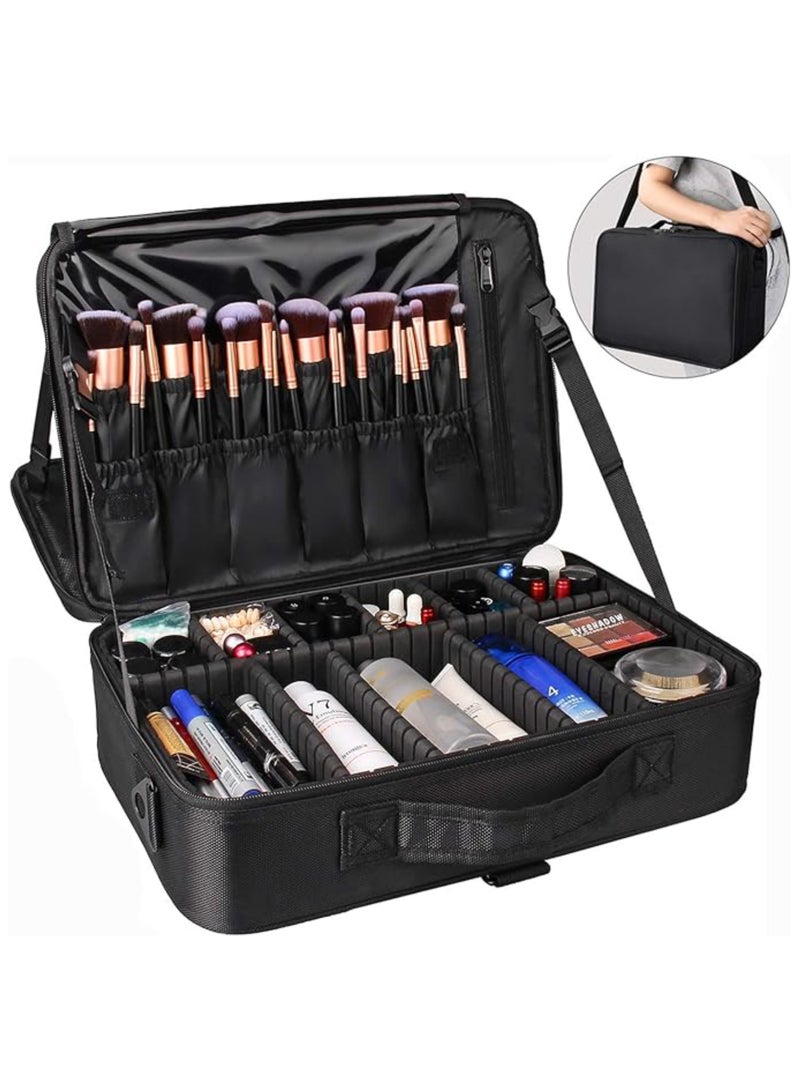 Makeup Case Large Makeup Bag Professional Train Case 16.5 inches Travel Cosmetic Organizer Brush Holder Waterproof Makeup Artist Storage Box, 3 Layer Large Capacity (BLACK)
