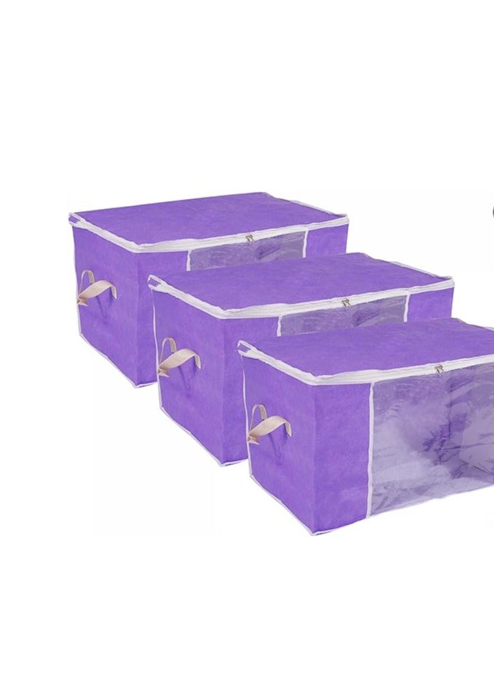 Clothes Storage Bag Foldable Storage Bins for Clothes, Comforters Storage Bags with Reinforced Handle Sturdy Zipper Closet Organizer with Clear Window Purple