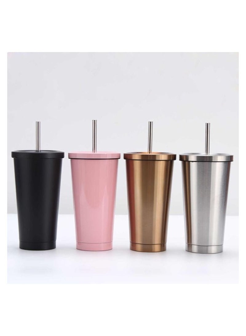 Double Wall Tumbler with Lid and Straw Stainless Steel Insulation Cup Vacuum Thermal Coffee Mug Hot and Cold Travel Mug Leakproof and Car-Friendly Rose Gold 475ML
