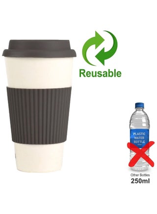 384ML Eco Bamboo Fiber Coffee Mug, Reusable, Portable Eco Mug with Lid and Silicone Handle, Sustainable Organic Bamboo Fiber, BPA Free, Dishwasher & Microwave Safe, Travel-Friendly