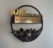Custom Round Welcome Sign – Elegant Floral & Gold Willkommen Design