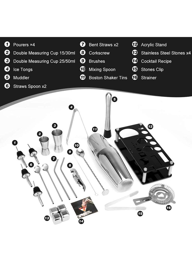 23-Piece Boston Stainless Steel Cocktail Shaker Bartender Kit Silver/Black 750ML 14x10.5x28cm