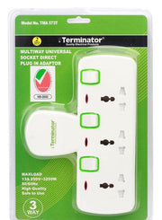 Terminator 3 Way Universal T-Socket Multi Adaptor With Individual Switches & Indicators 13A Plug and Safety Shutter (‎ TMA 573T)