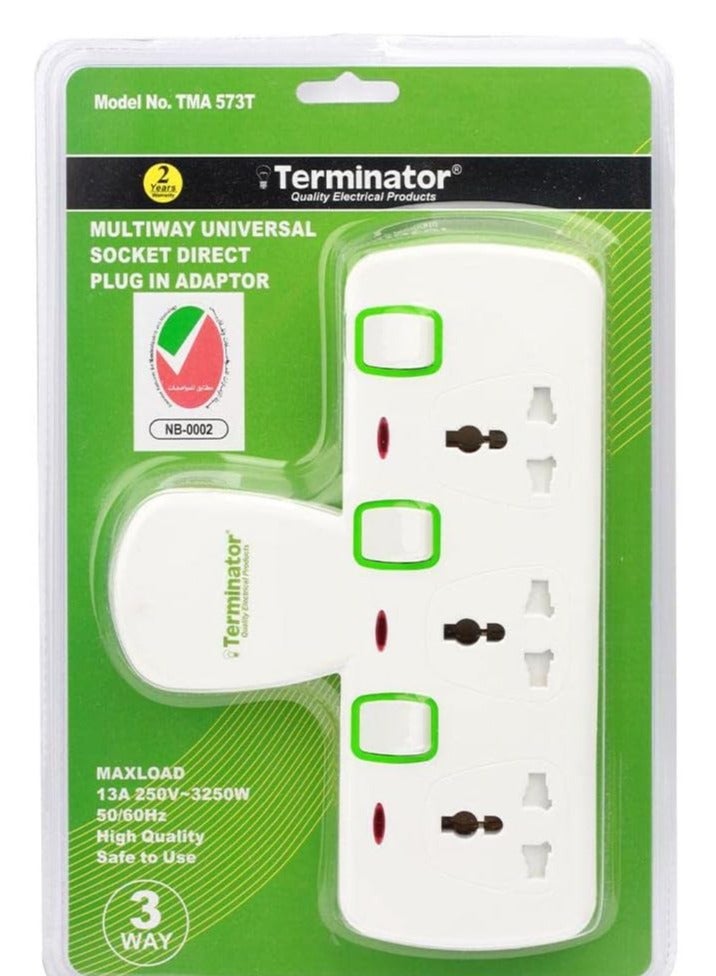 Terminator 3 Way Universal T-Socket Multi Adaptor With Individual Switches & Indicators 13A Plug and Safety Shutter (‎ TMA 573T)