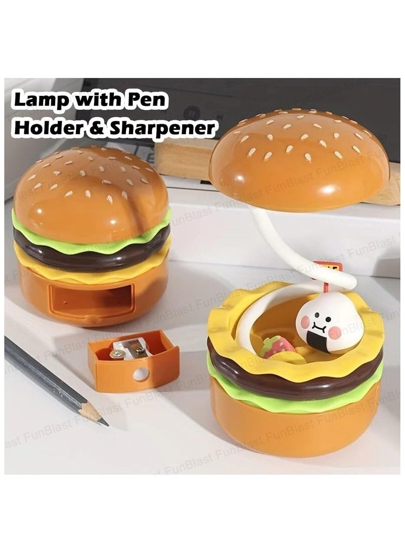 "Burger Design Table Lamp - Rechargeable Desk Light with Pen Holder & Sharpener for Kids & Adults, Aqua Green Study Lamp for Home/Office"