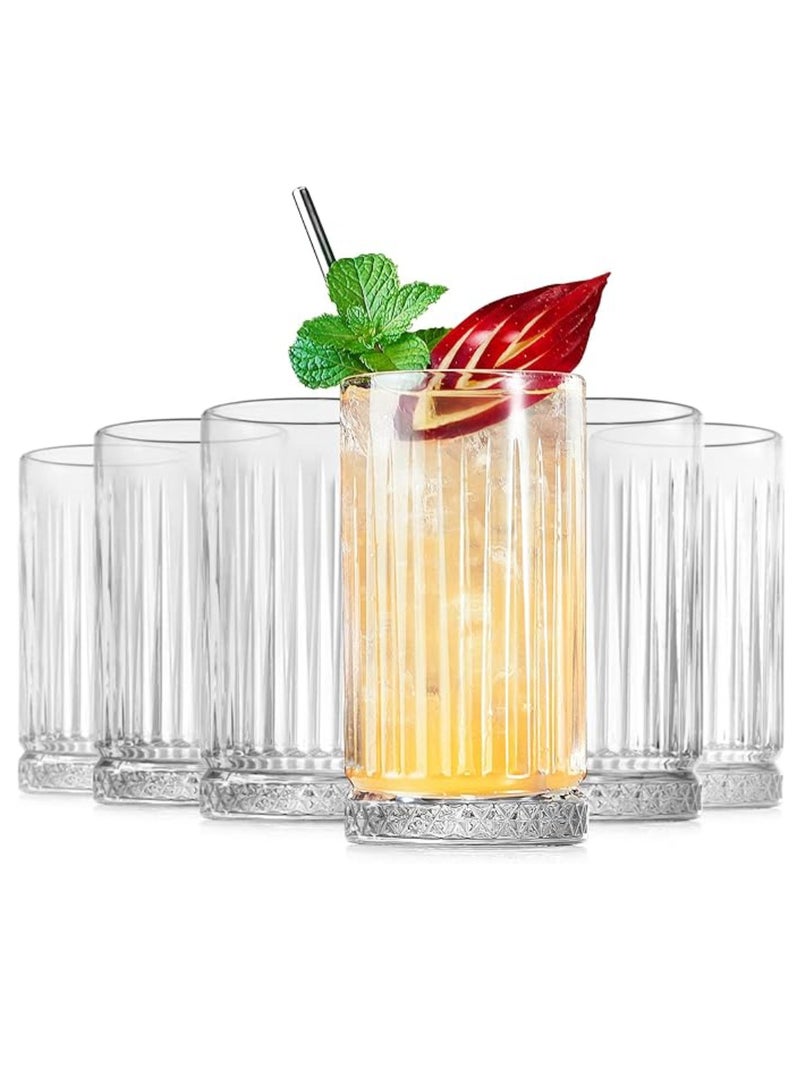 Highball Glasses 14 fl.oz,Set of 2, Lead-free Drinking Glasses with Heavy Base,Premium Collins Tumblers for Water/Juice/ Cocktails/Beverages, Beautiful Striped Look Glassware, Dishwasher Safe