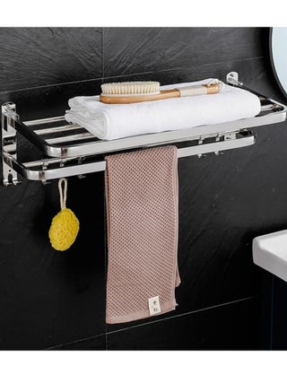SUS 304 Stainless Steel Perforation-free Bathroom Towel Rack, Bath Towel Rack Bathroom Thickened Bathroom Rack With Towel Rack and Hooks "Foldable Towel Rack ( 60cm x 18cm x 23cm)