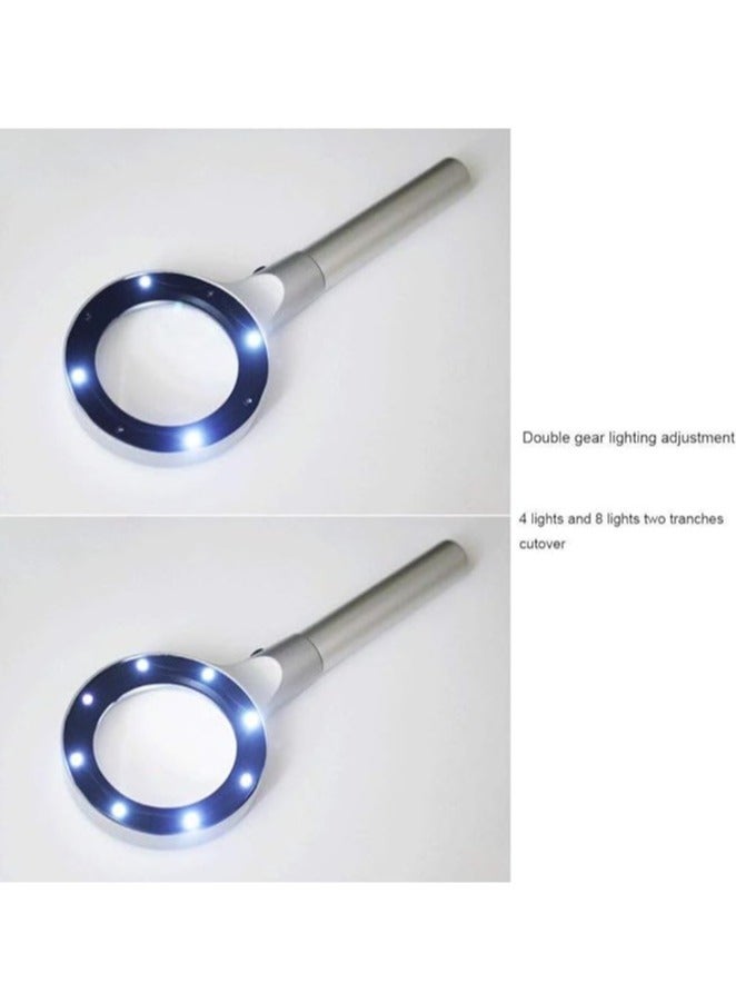 Magnifying Handheld Silver Magnifying Glass, 30X Magnification, With LED Lights, Optical High-definition Lenses, Reading Magnifier, DIY Handicraft Carving And Restoration, Identification of Sentences