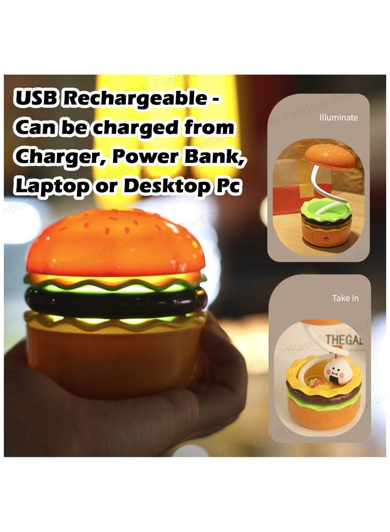 "Burger Design Table Lamp - Rechargeable Desk Light with Pen Holder & Sharpener for Kids & Adults, Aqua Green Study Lamp for Home/Office"