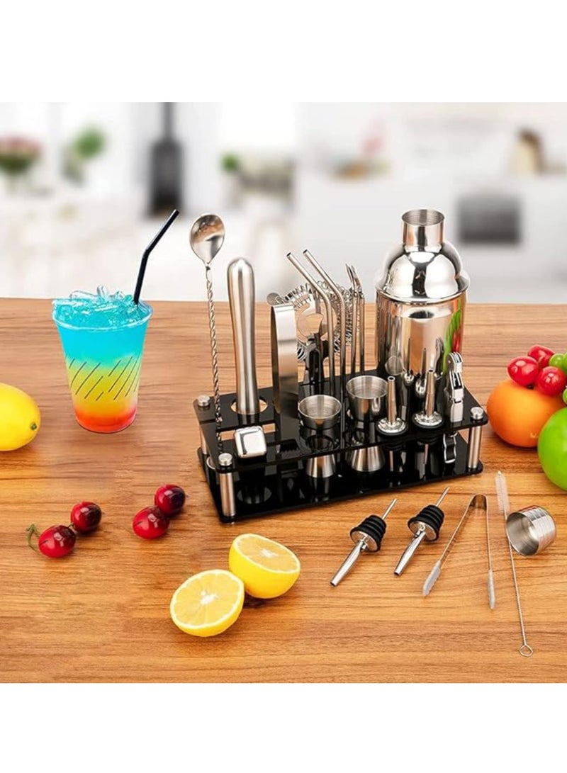 23-Piece Boston Stainless Steel Cocktail Shaker Bartender Kit Silver/Black 750ML 14x10.5x28cm