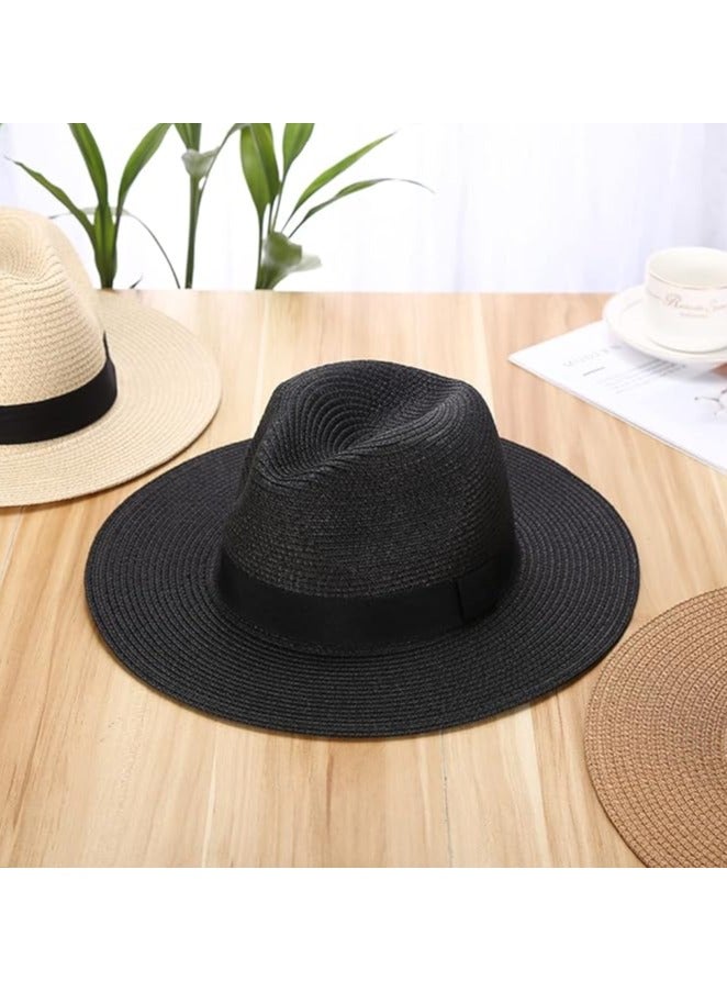 Straw Sun Hat for Women, Girls Cute Summer Beach Cap Foldable Visor Floppy Wide Brim with Bowknot BLACK