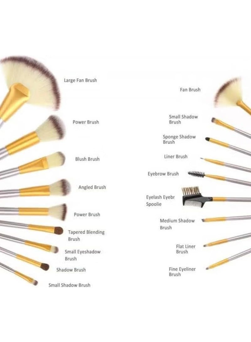 18-Piece Premium Makeup Brush Set with Elegant Gold Handles & Storage Bag
