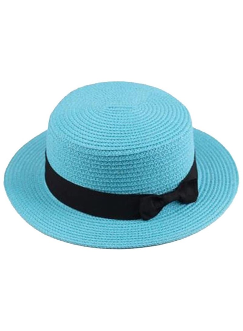 Straw Sun Hat for Women, Girls Cute Summer Beach Cap Foldable Visor Floppy Wide  BLUE