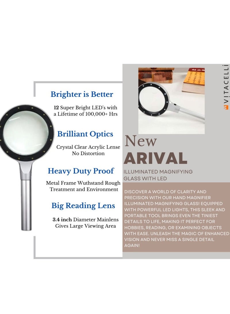Magnifying Handheld Silver Magnifying Glass, 30X Magnification, With LED Lights, Optical High-definition Lenses, Reading Magnifier, DIY Handicraft Carving And Restoration, Identification of Sentences