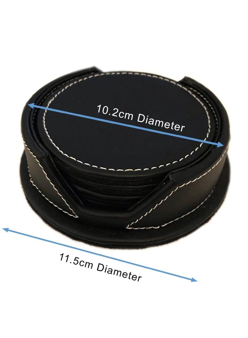 PU Black Leather Coasters Set of 6 with Holder Coasters for Drinks Heat resistance Mats Coffee Coaster Protect Furniture