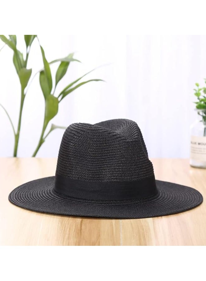 Straw Sun Hat for Women, Girls Cute Summer Beach Cap Foldable Visor Floppy Wide Brim with Bowknot BLACK