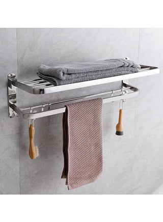 SUS 304 Stainless Steel Perforation-free Bathroom Towel Rack, Bath Towel Rack Bathroom Thickened Bathroom Rack With Towel Rack and Hooks "Foldable Towel Rack ( 60cm x 18cm x 23cm)