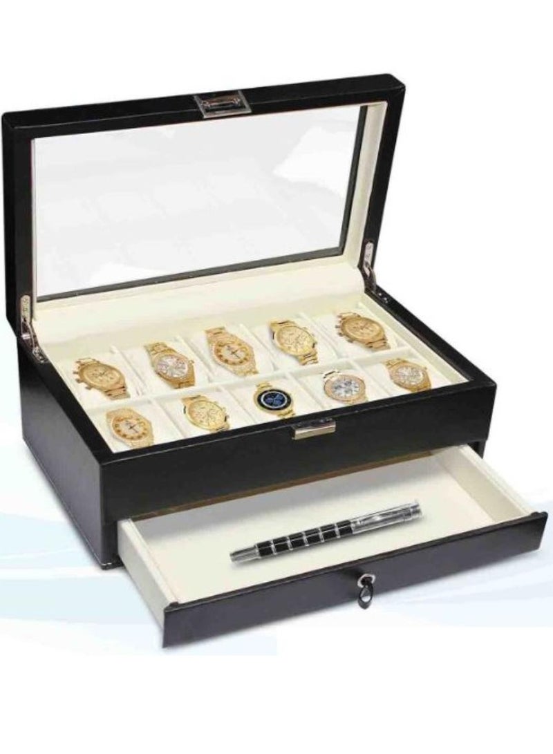 Premium PU Leather Watch Box, Watch Holder, Watch Organizer with Glass Lid, Watch Case with Removable Watch Pillow, Velvet Lining, Metal Clasp, Watch Display (10 Slot) Size: 30x19x13CM
