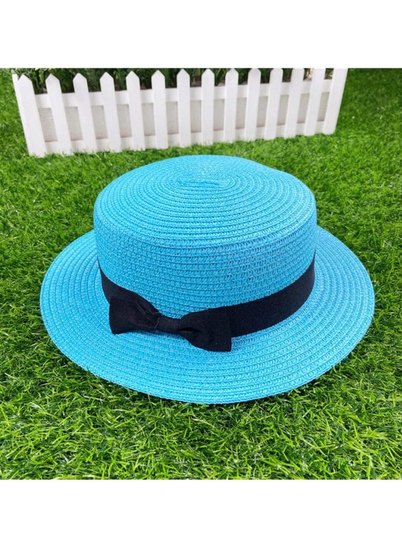 Straw Sun Hat for Women, Girls Cute Summer Beach Cap Foldable Visor Floppy Wide  BLUE
