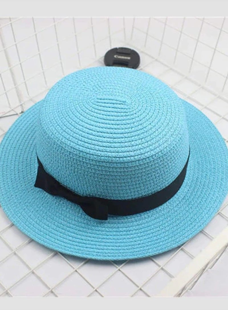 Straw Sun Hat for Women, Girls Cute Summer Beach Cap Foldable Visor Floppy Wide  BLUE